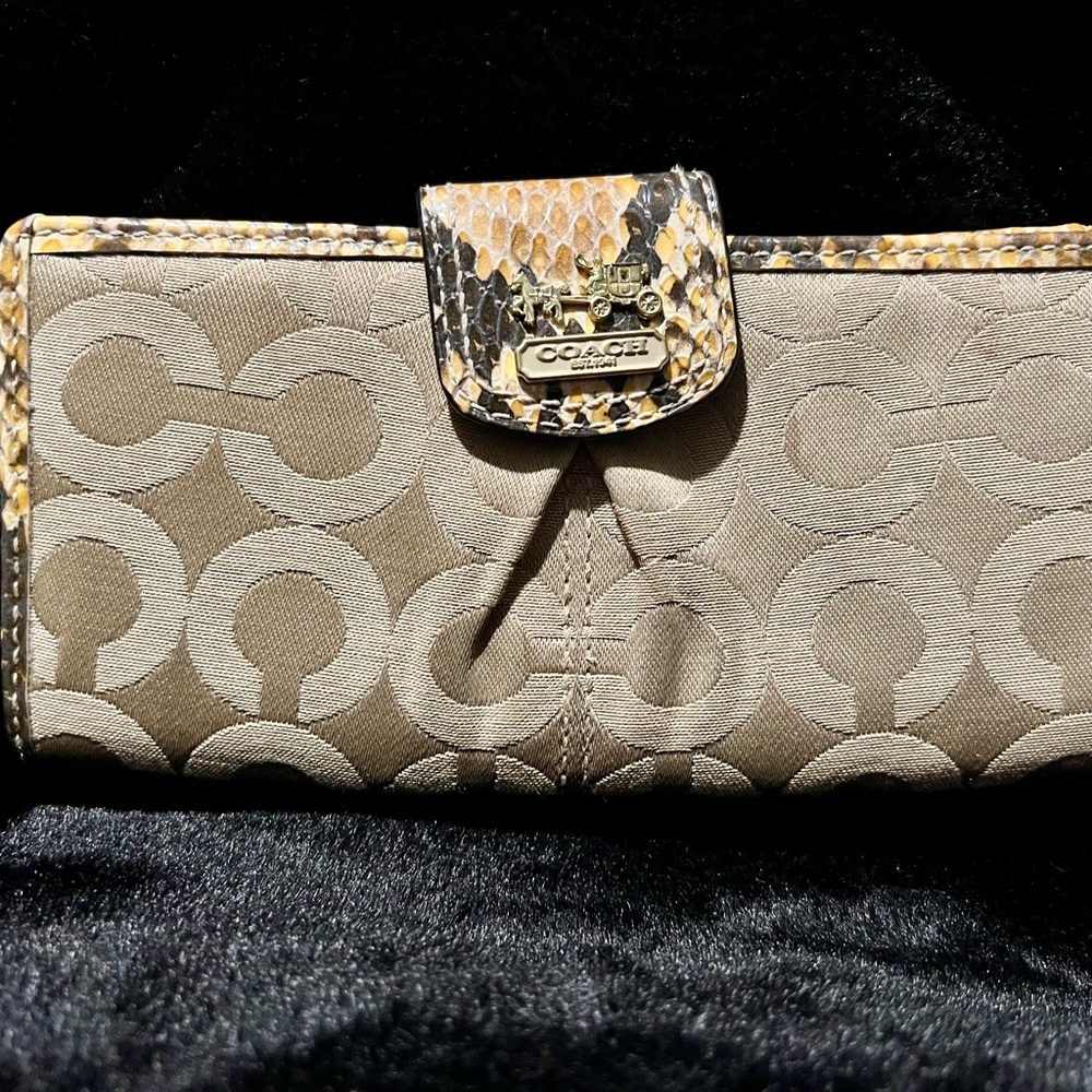 Coach Brown and Tan Signature Clutch with Snakeskin Accent